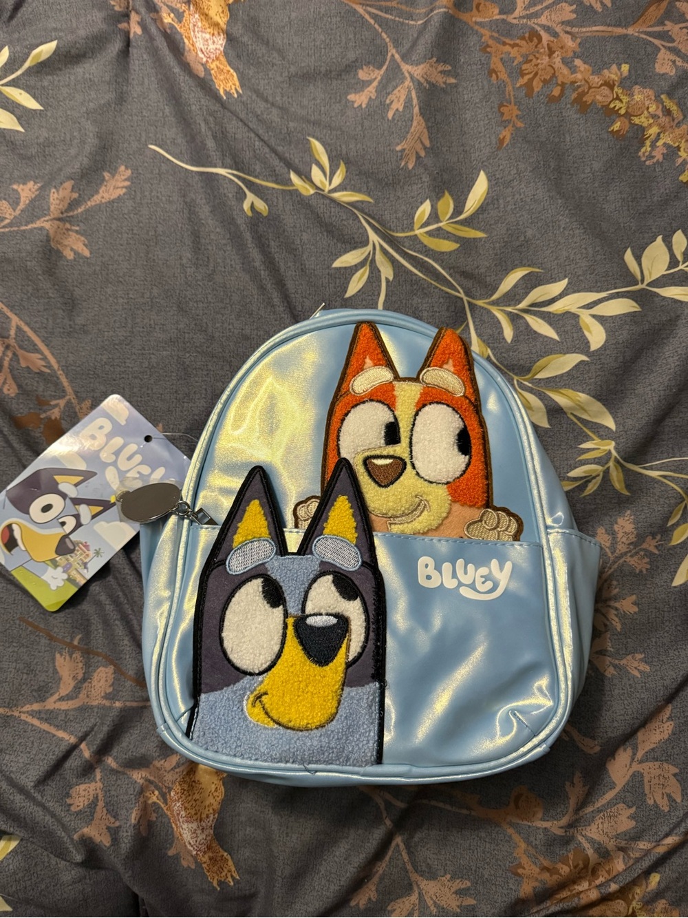 Kids Light Blue Mini Backpack with Embroidered Characters